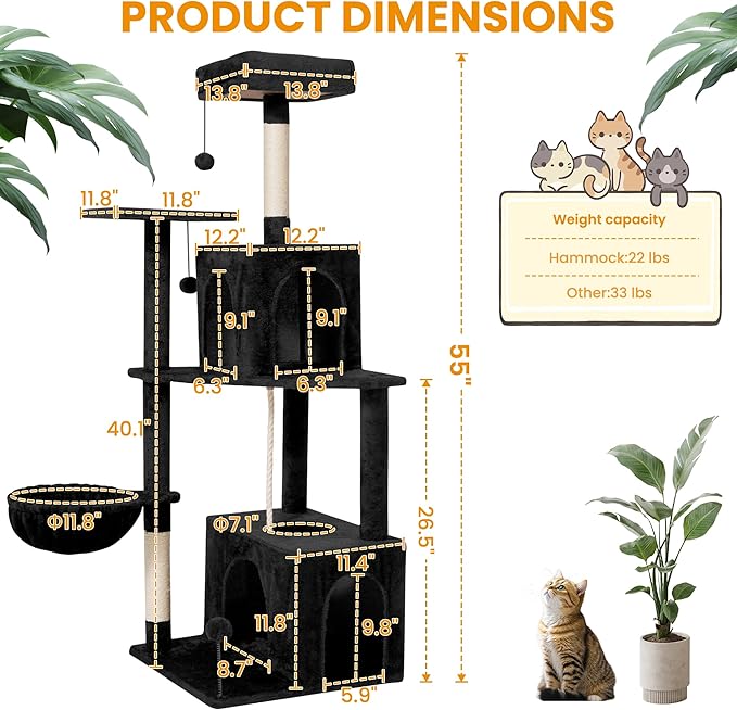 Cat Tree, 54-Inch Cat Tower for Indoor Cats, Soft Plush Multi-Level Climbing Cat Condo with Scratching Posts, Basket, Perches,2 Caves,2 Pompoms Play House for Cat(Black)