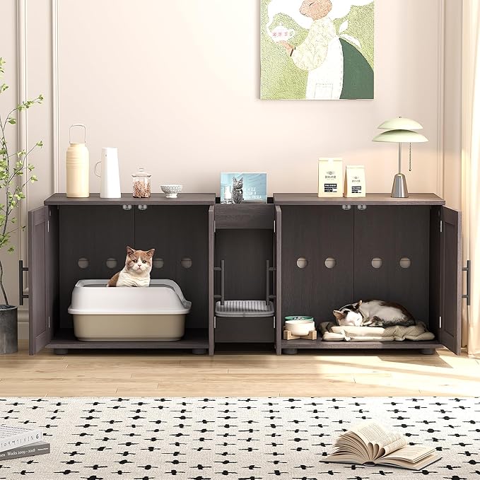 GAOMON Litter Box Enclosure with Double Room,Cat Hidden Litter Box Enclosure Furniture for 2 Cats with Double Room, 55”L x 17.7”W x 22.5”H Cat House,Wooden Enclosed Cat Litter Box Furniture,Walnut