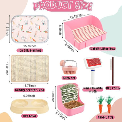 Honeydak 10 Pcs Rabbit Starter Kit Small Litter Box Bunny Grooming Kit Scratch Pads Hay Feeder Bowl Ice Pad with Bunny Toys for Guinea Pig Rabbit Accessories(Pink)