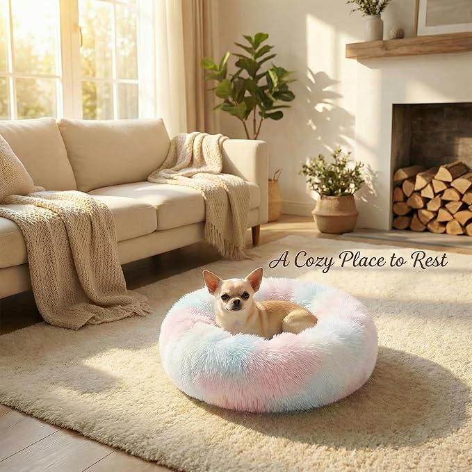 Tiny Dog Bed 15 Inch for Extra Small Dogs,Washable Puppy Bed,Soft Faux Fur Calming Donut Bed for Chihuahua Yorkie Maltese Pomeranian,Rainbow