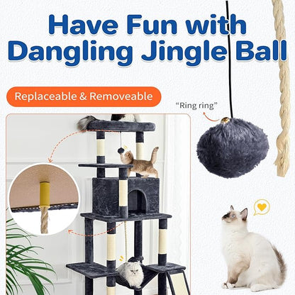 ABCPET Cat Tree Tower 63in Multi-Level Cat Tower for Indoor Cats with Sisal Scratching Posts, Condo, Hammock, Dangling Ball and Extended Platform for Cats to Play, Grey
