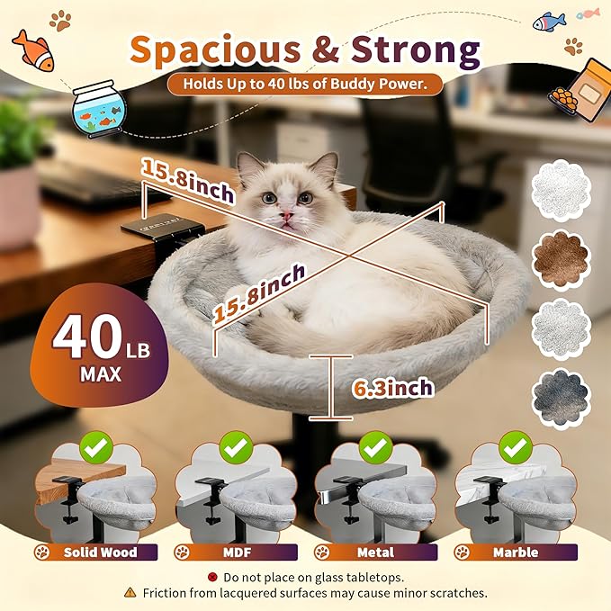 Cat Desk Hammock Bed Foldable Space Saving Hanging Cat Bed for Desk Table, Includes 2 Replaceable Ultra-Soft Faux Rabbit Fur Pads for All Seasons, Clamp Mount Supports up to 40lbs, Removable Covers