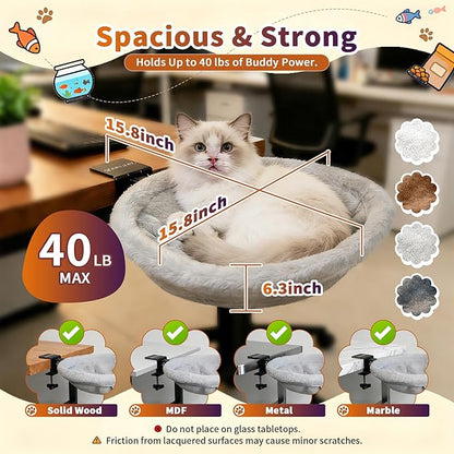 Cat Desk Hammock Bed Foldable Space Saving Hanging Cat Bed for Desk Table, Includes 2 Replaceable Ultra-Soft Faux Rabbit Fur Pads for All Seasons, Clamp Mount Supports up to 40lbs, Removable Covers