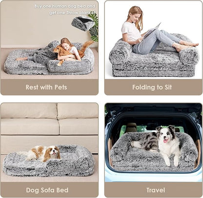 EHEYCIGA Foldable Human Dog Bed, 72"x44"x11" Orthopedic Memory Foam Human Sized Dog Bed, Waterproof Pet Bed for People, Faux Fur Pet Couch for Adult with Non-Slip Bottom, Faded Black