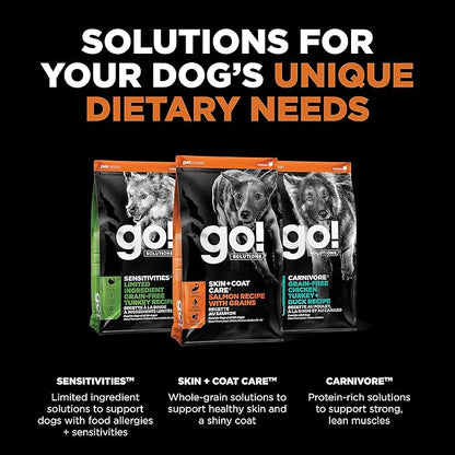 Go! Solutions Skin + Coat Care Salmon Dry Dog Food with Grains, Chicken-Free, Healthy Kibble with Omega-3s & 6s for Soft, Shiny Fur, for Puppies, Adults, & Seniors, 22 lb Bag