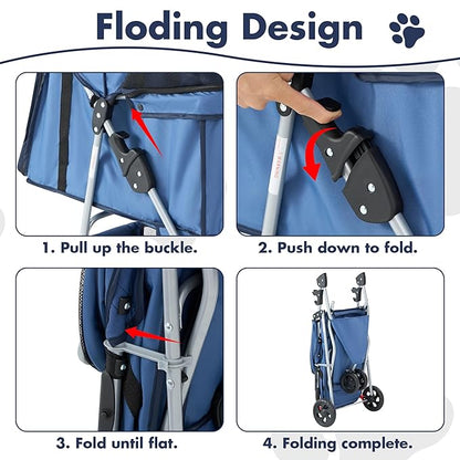 NEWBULIG 3 Wheel Pet Stroller for Dogs and Cats, Foldable, Lightweight and Durable, Ideal for Small to Medium Pets, Includes Storage Basket and Cup Holders