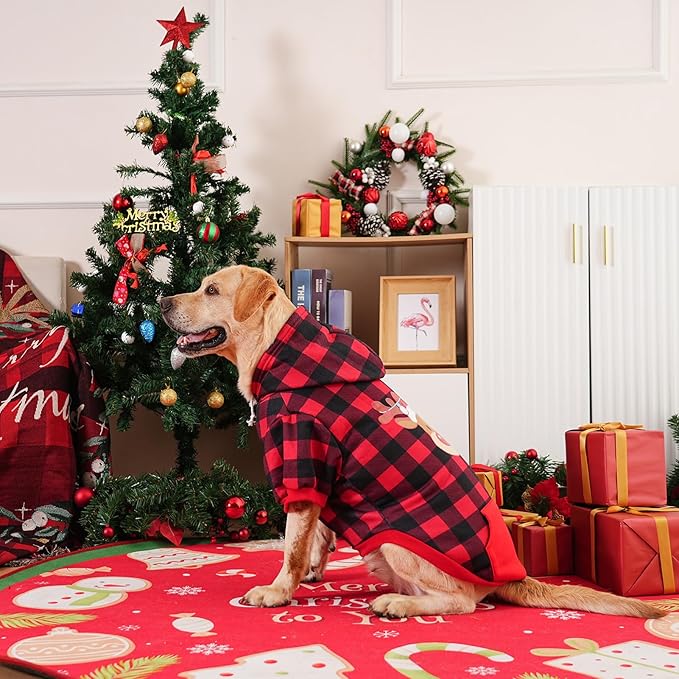 EXPAWLORER Plaid Dog Hoodie - British Style Warm Dog Sweater Shirt with Leash Hole,Pitbull Clothes Outfits,Winter Coat Apparel for All Breeds Puppy Girl Boy-Cat Apparel,Christmas Buffalo Check Large