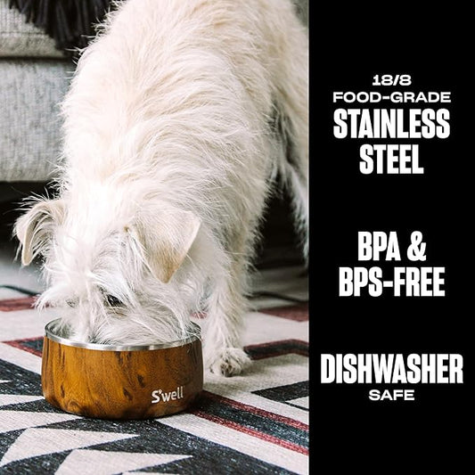 S'well Stainless Steel Pet Bowl, 16oz, Teakwood, for Small to Medium Size Dogs, Mess Free Design with Non Slip Rubber Bottom, Dishwasher Safe, BPA Free