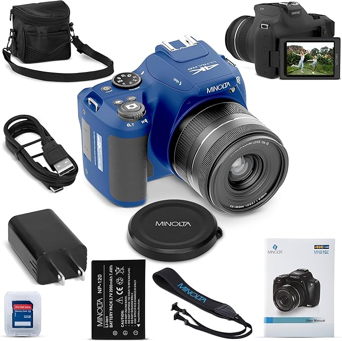 Minolta ProShot 64MP Digital Camera – 10x Optical Zoom, 4K Ultra HD Video, Macro Shooting, Anti-Shake, 3-inch LCD Screen, Face Detection – Includes 32GB SD Card, Battery & Case (Blue)