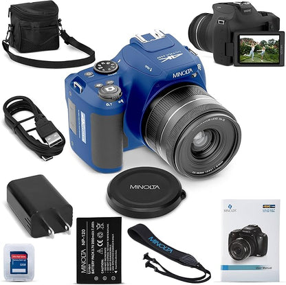 Minolta ProShot 64MP Digital Camera – 10x Optical Zoom, 4K Ultra HD Video, Macro Shooting, Anti-Shake, 3-inch LCD Screen, Face Detection – Includes 32GB SD Card, Battery & Case (Blue)