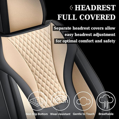 Coverado Waterproof Nappa Leather Car Seat Covers, Automotive Seat Covers，Front Car Seat Cushion & Car Seat Protector, Black&Beige Seat Covers Universal Fit for Most Cars, SUVs, Trucks