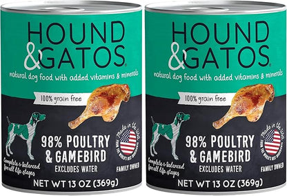 HOUND & GATOS Wet Dog Food, 98% Gamebird Poultry, case of 12, 13 oz cans (Pack of 2)