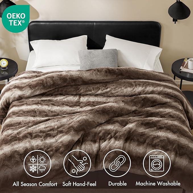 Madison Park Queen Size Ultra-Soft Poly Fur Blanket Queen Size, Reversible Plush, All Season & Lightweight Queen Fuzzy Blanket for Bed, Couch & Sofa, Zuri, Full/Queen Brown