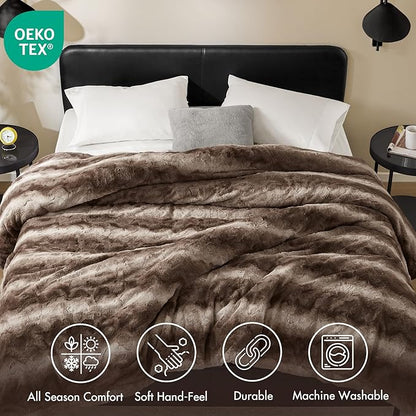 Madison Park Queen Size Ultra-Soft Poly Fur Blanket Queen Size, Reversible Plush, All Season & Lightweight Queen Fuzzy Blanket for Bed, Couch & Sofa, Zuri, Full/Queen Brown