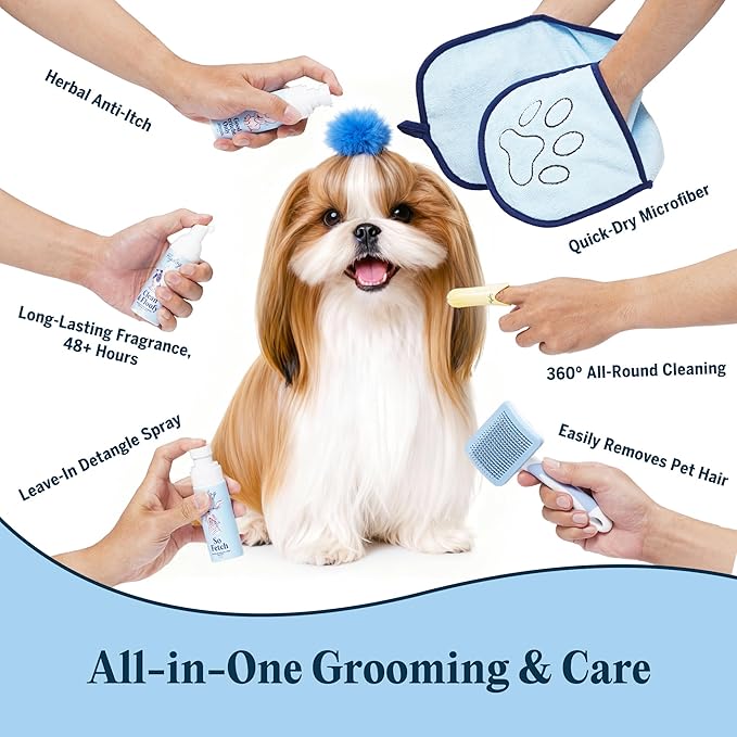 FlyDog The Rover Pet Travel Bag - 11 Piece Dog Grooming Kit with Shampoo, Conditioner, Paw Cream, Toothpaste & Toothbrush, and More, Dog Camping Essentials for Hiking and Outdoor Adventures