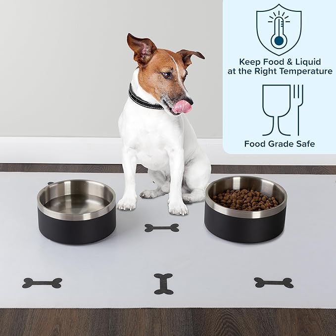 Set of 2 Stainless Steel Dog Bowls - 64oz or 8 Cups Double Wall Insulated Food and Water Bowls for Dogs and Cats, Non Slip Metal Pet Dishes for Medium-Large Pets, Puppy Essentials by PETMAKER (Black)
