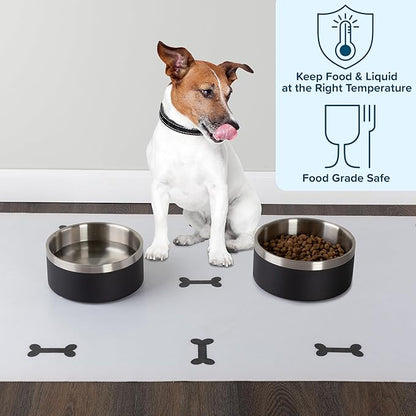 Set of 2 Stainless Steel Dog Bowls - 64oz or 8 Cups Double Wall Insulated Food and Water Bowls for Dogs and Cats, Non Slip Metal Pet Dishes for Medium-Large Pets, Puppy Essentials by PETMAKER (Black)