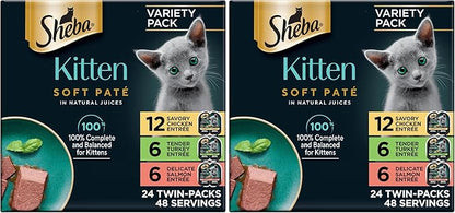 Sheba Perfect Portions Kitten Wet Cat Food Pate Chicken Entree, Salmon Entree, and Turkey, 2.6 oz. Twin-Pack Trays (, 48 Servings), 24 Count (Pack of 2)