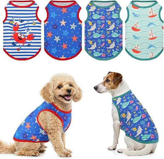 4-Pack Dog Ocean Style Shirts Puppy Summer Tank Tops Cute Ocean Animals Sailboat Pattern Outfits for for Small Dogs Boy Girl Dog Cooling Clothes for Small Medium Dogs L