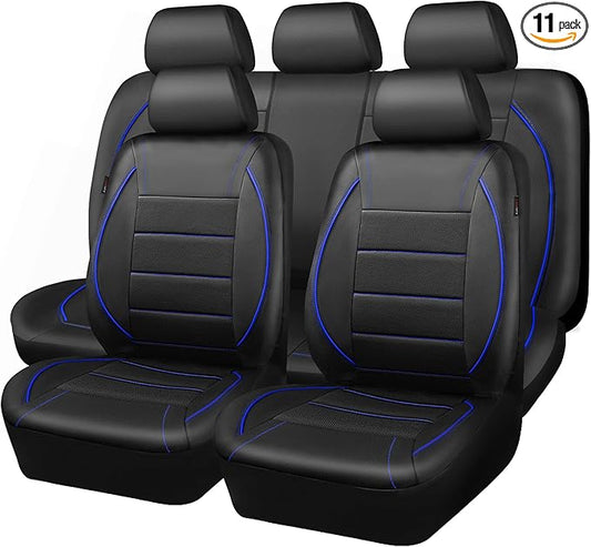 CAR PASS Universal FIT Piping Leather Car Seat Cover, for suvs,Van,Trucks,Airbag Compatible,Inside Zipper Design and Reserved Opening Holes (Full Set, Black and Blue)