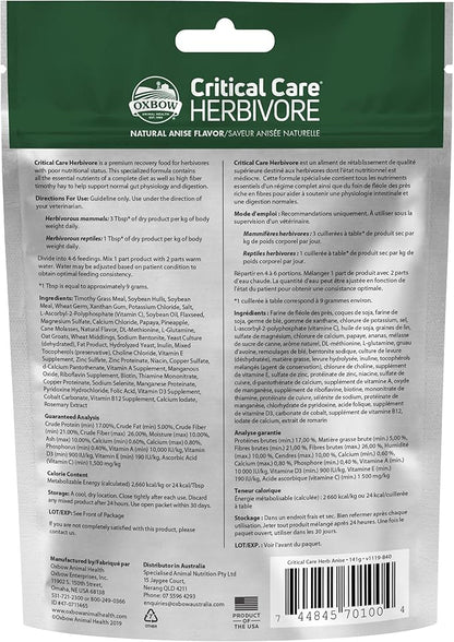 Oxbow Critical Care Herbivore, Emergency Guinea Pig Food, Rabbit Food for Recovery, Made with Timothy Hay, Anise Flavor, Critical Care for Guinea Pig Emergency Kit, 141 gram bag