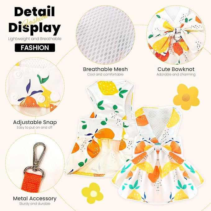 ABRRLO Cute Dog Dress Small Dog Clothes For Girls Female Puppy Outfits Yellow Lemon Pet Summer Clothes Bowknot Doggy Cat Princess Dress Harness for Holiday Birthday Party Costume Clothing (Yellow,XXL)