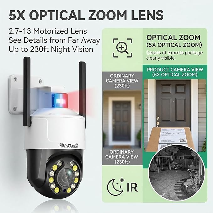 JideTech 4K 8MP Security Camera Outdoor, 5X Optical Zoom, PTZ Camera WiFi 2.4/5GHz, Red & Blue Light Alarm, Color Night Vision Floodlight, Auto Tracking, Human Vehicle Pet Detection