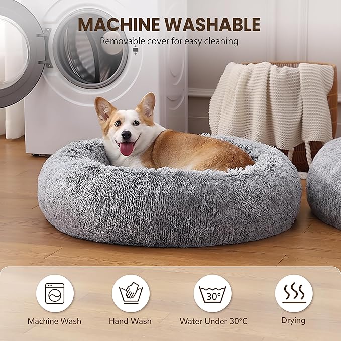 Donut Dog Bed Medium Size Dog, Round Cat Beds for Small Medium Dogs and Cats with Washable Fluffy Faux Fur, Cute Comfort Pet Bed with Anti-Slip Bottom, Grey, 20"