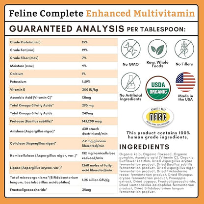 Wholistic Pet Organics Feline Complete Organic Pumpkin - 8 Oz - Multivitamin & Probiotic Powder for Cats - Natural Cat Food & Digestive Support - 75 Scoops