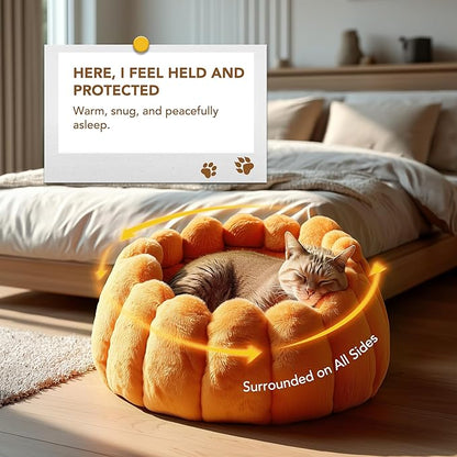PETNOVO Pumpkin Calming Cat Bed,Plush Donut Cuddler with High Bolster,Ultra Soft Bunny Plush,Oeko‑TEX,Non-Slip Pet Nest,for Indoor Cats up to 13 lbs & Small Dogs,20Lx20Wx12H Inch,Pumpkin Yellow