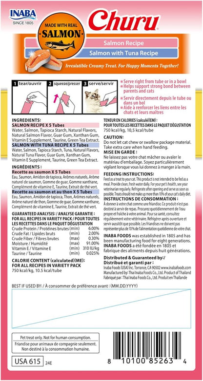INABA Salmon Churu Cat Treats, Lickable, Squeezable Creamy Purée Cat Treat with Green Tea Extract & Taurine, 0.5 Ounces Each Tube, 10 Tubes, Salmon & Tuna Variety