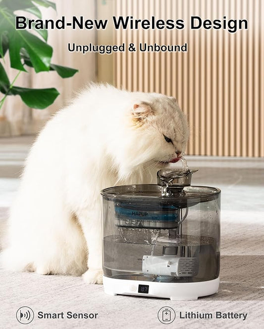 HAPUP Battery Operated Cat Water Fountain Battery Operated Cat Fountain Cordless Pet Water Fountain for Cats Quiet Cat Fountains for Drinking with Sensor 73OZ by Charging Base Filters