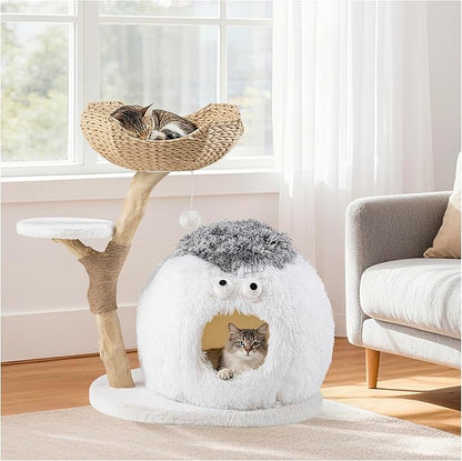 COSIEST 30.7" Modern Cat Tree for Indoor Cats, Sturdy Cat Tower with Scratching Post, Hanging Balls & MGO Trunks, Cat Condo with Woven Basket, Cute Aesthetic Cat Tree for Cats & Kittens, White