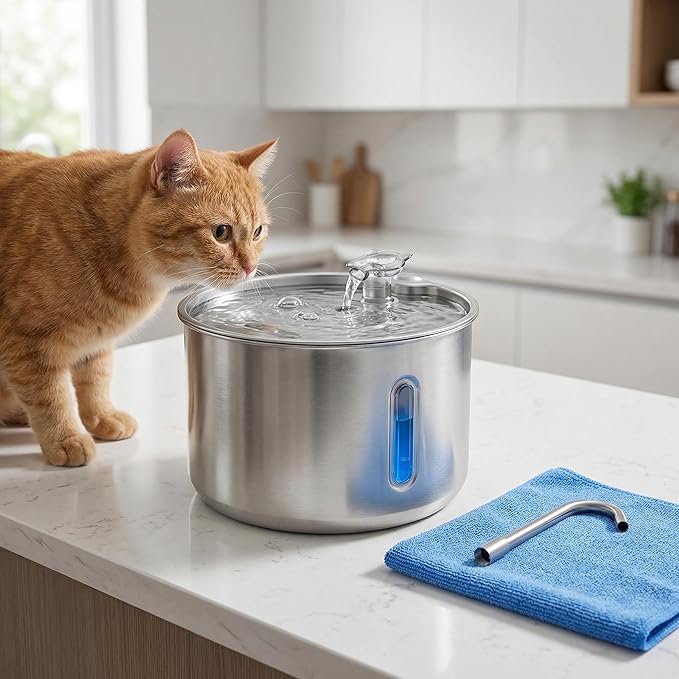 Stainless Steel Cat Water Fountain, 135oz/4L Automatic Pet Water Dispenser with 3 Replacement Filters & 2 Replacement Water Outlets, Quiet Indoor Drinking Fountain for Cats Dogs, Water Level Window