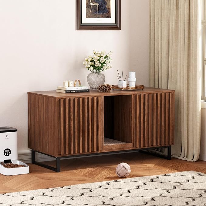 Halitaa Double Litter Box Enclosure,Modern Cat Litter Box Enclosure for 2 Cats, Hidden Litter Box with Cat Scratch Pad, Cat Washroom Cat House End Table, Entryway Bench for Livingroom (Brown)