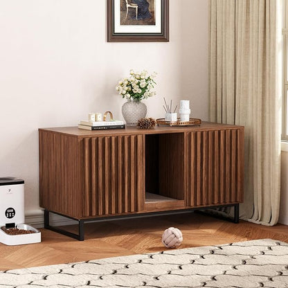 Halitaa Double Litter Box Enclosure,Modern Cat Litter Box Enclosure for 2 Cats, Hidden Litter Box with Cat Scratch Pad, Cat Washroom Cat House End Table, Entryway Bench for Livingroom (Brown)