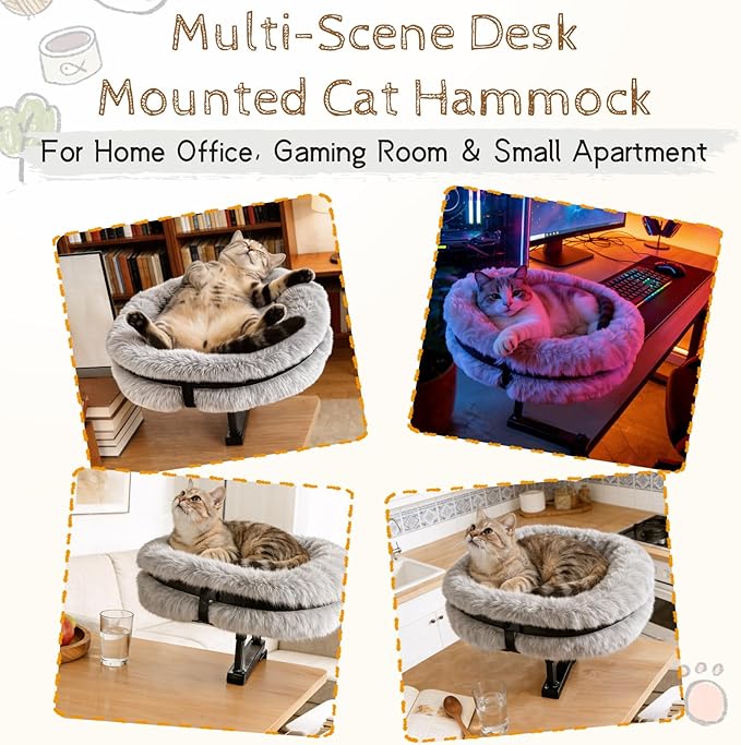 Cat Bed for Desk 360 Rotating with Adjustable Height, Removable Desk Mounted Kitty Bed with Soft Fur, Desktop Cat Hammock Supports 33 lbs for Table Home Office Indoor