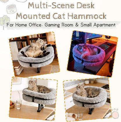 Cat Bed for Desk 360 Rotating with Adjustable Height, Removable Desk Mounted Kitty Bed with Soft Fur, Desktop Cat Hammock Supports 33 lbs for Table Home Office Indoor