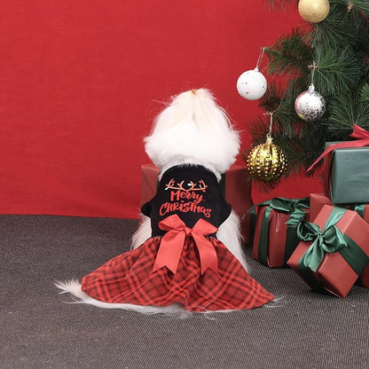 CuteBone Christmas Dog Dresses Velvet Holiday Small Dogs Clothes Onesie Pet Apparel Girl Puppy Skirt with Bow Hair Rope CVA59L-D