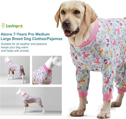 LovinPet Large Breed Dog Pajamas Onesie, Lightweight Stretchy Knit Dog Jammies, Unicorn Seafoam Print, Stop Shedding for Dogs, Pet Pajamas for Dogs, Pet PJ's, L