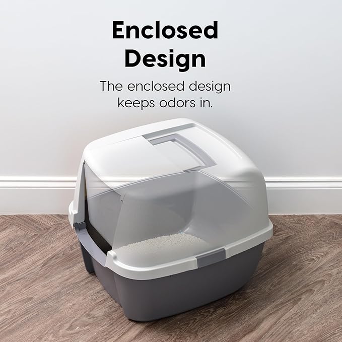 IRIS USA Cat Litter Box, with Front Door Flap, Handle and Scoop, Dark Gray + Extra Sticky Lint Roller, Value Pack Comes with Storage Box, Standard and T-Handle Roller, Refills, 1260 Sheets Total