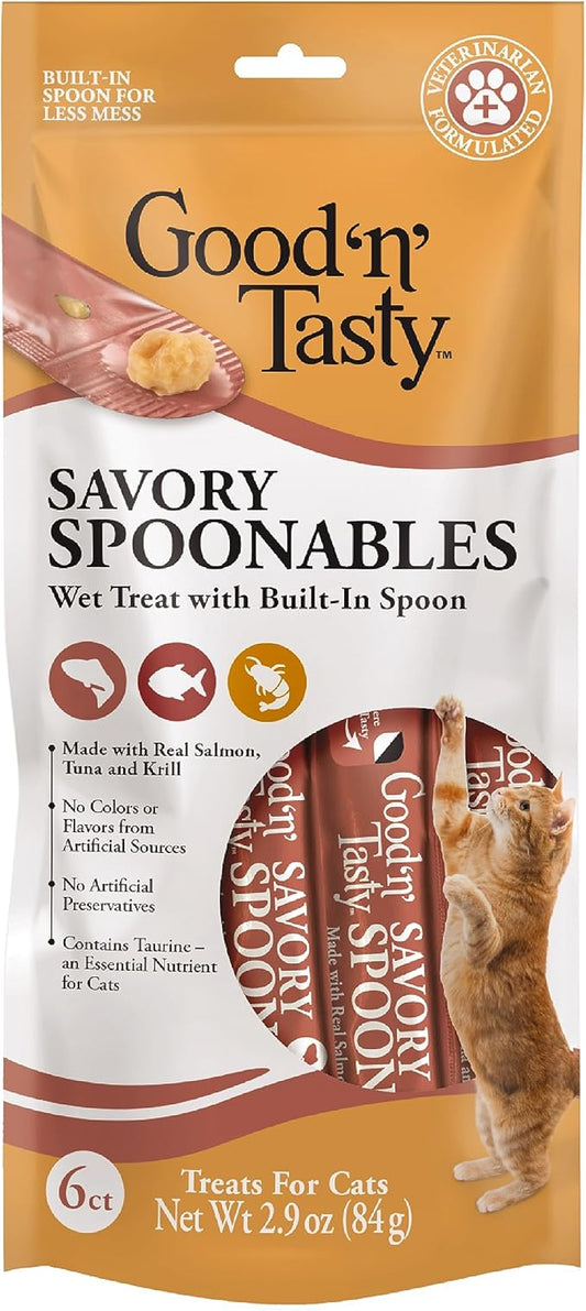 Good 'N' Tasty Savory Spoonables with Real Salmon, Tuna & Krill, 6 Count Tube, Triple Flavor Squeezable Lickable Wet Treats for Cats with Built-in Spoon for Less Mess