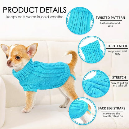 2 Pieces Xxs Dog Sweater Chihuahua Clothes Dog sweaters for Small Dogs Girl Boy Teacup Dog Yorkie Turtleneck Knitted Sweater Pet Clothes Fall Dog Clothes Blue White