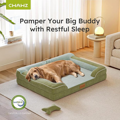 CWAWZ Extra Large Dog Bed, Orthopedic Dog Bed with Cooling Gel Memory Foam, Waterproof XL Pet Bed with Removable Washable Cover, 42" Pet Sofa Couch Dutch Velvet with Bone Toy, Dark Green