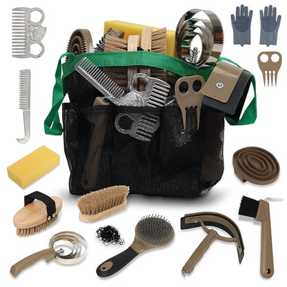 Swess Horse Grooming Kit 14 Pieces, Horse Brushes Set for Grooming & Bathing Supplies, Professional Horse Supplies with Mane & Tail Comb, Curry Comb, Hoof Pick, Gloves & Mesh Tote Bag for Equine Care