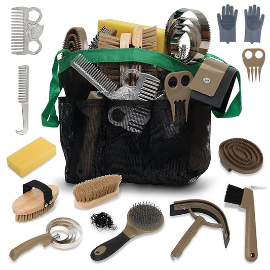 Swess Horse Grooming Kit 14 Pieces, Horse Brushes Set for Grooming & Bathing Supplies, Professional Horse Supplies with Mane & Tail Comb, Curry Comb, Hoof Pick, Gloves & Mesh Tote Bag for Equine Care