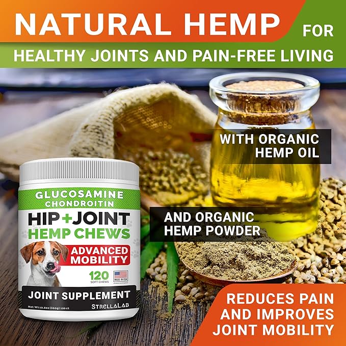 Advanced Hemp + Glucosamine Dog Joint Supplement - Hip Joint Pain Relief - Mobility Chews for Dogs - Chondroitin, MSM, Omega - Made in USA - Lamb Flavor - 120 Hemp Treats