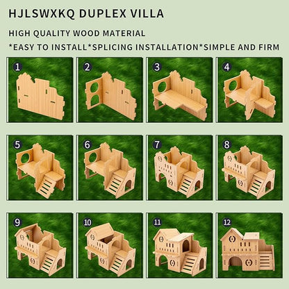 Natural Wood Hamster Habitat Hideout Cage Accessories, Maze Cabin with Fun Slide & Double-Decker House, Exercise Toys for Dwarf Hamsters, Gerbils, Mice, Other Small Animals(Only for Small Hamster B)