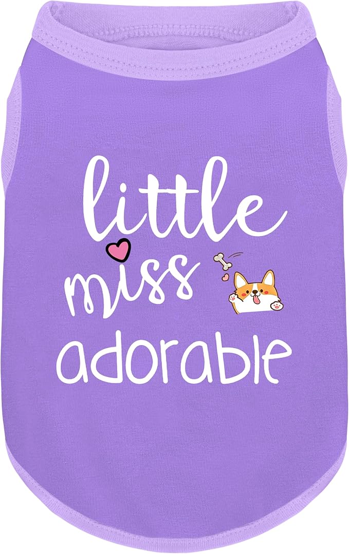 Cotton Dog Shirt with 'Little Miss Adorable' Corgi Head Print, Soft & Breathable Pet Apparel for Small, Medium, and Large Dogs, All-Season Sleeveless Vest, Cute and Comfortable Dog Outfit.Purple XS