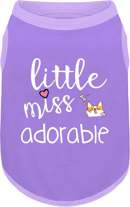Cotton Dog Shirt with 'Little Miss Adorable' Corgi Head Print, Soft & Breathable Pet Apparel for Small, Medium, and Large Dogs, All-Season Sleeveless Vest, Cute and Comfortable Dog Outfit.Purple XL